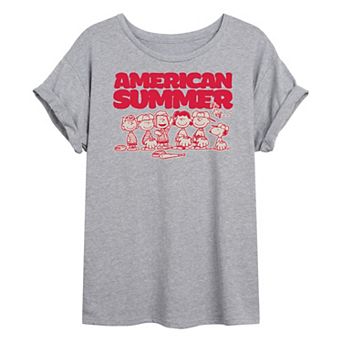 Juniors' Peanuts Snoopy Summer Baseball Oversized Graphic Tee