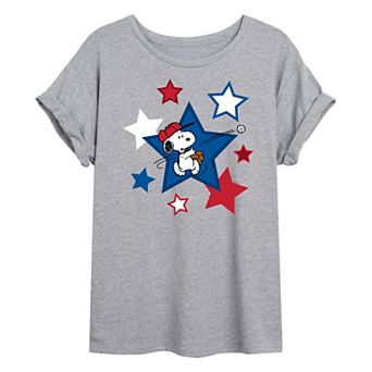 Juniors' Peanuts Snoopy Baseball Stars Oversized Graphic Tee