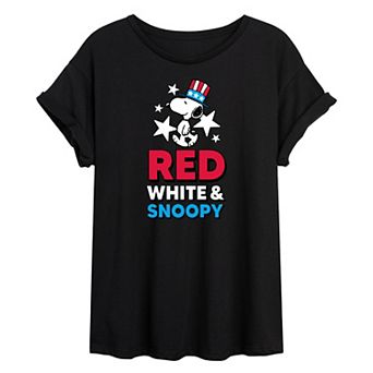 Juniors' Peanuts Snoopy Red White Snoopy Oversized Graphic Tee