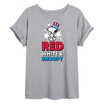 Juniors' Peanuts Snoopy Red White Snoopy Oversized Graphic Tee