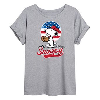 Juniors' Peanuts Snoopy Baseball Cropped Graphic Tee