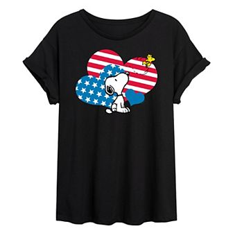Juniors' Peanuts Snoopy Flag Hearts Oversized Graphic Tee