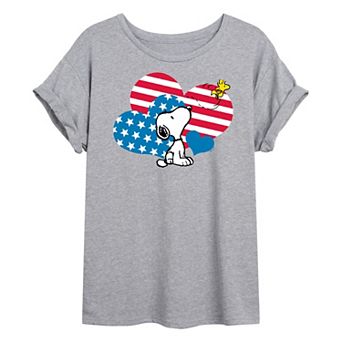 Juniors' Peanuts Snoopy Flag Hearts Oversized Graphic Tee