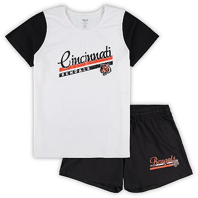Women's Concepts Sport White/Black Cincinnati Bengals Plus Size Downfield T-Shirt & Shorts Sleep Set
