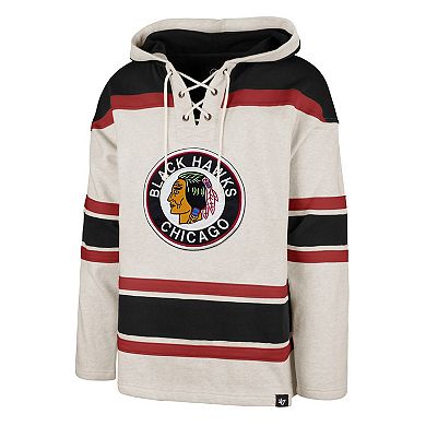 Men's '47 Oatmeal Chicago Blackhawks Rockaway Lace-Up Pullover Hoodie