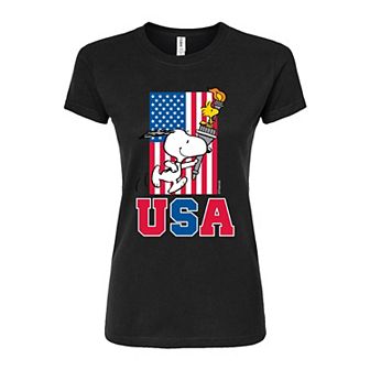 Juniors' Peanuts Snoopy USA Torch Graphic Tee