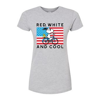 Juniors' Peanuts Snoopy & Woodstock Red White And Cool Graphic Tee