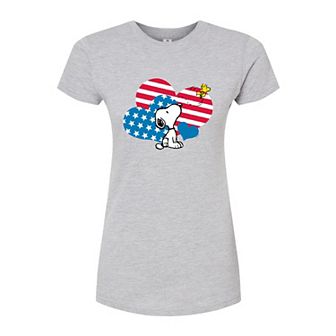 Juniors' Peanuts Snoopy Flag Hearts Fitted Graphic Tee