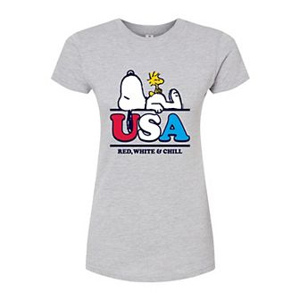 Juniors' Peanuts Snoopy Red White And Chill Fitted Graphic Tee