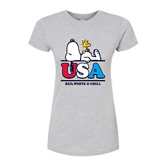 Juniors' Peanuts Snoopy Red White And Chill Fitted Graphic Tee