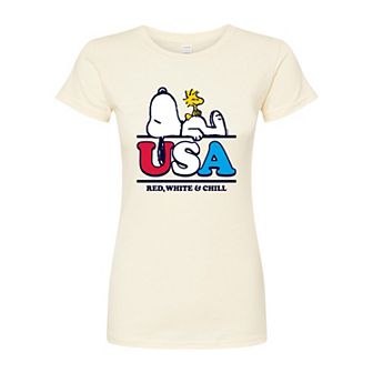 Juniors' Peanuts Snoopy Red White And Chill Fitted Graphic Tee