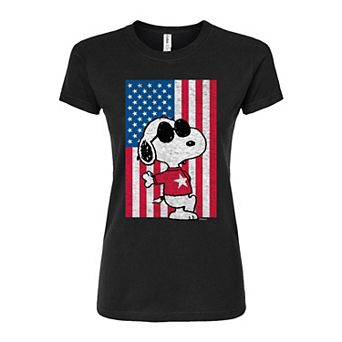 Juniors' Peanuts Snoopy Joe Cool Flag Fitted Graphic Tee
