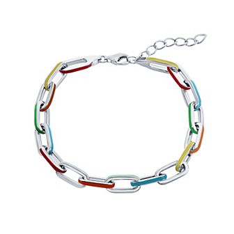Argento Bella Stirling Silver Multi-Color Enamel Paperclip Chain Bracelet