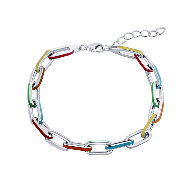 Argento Bella Stirling Silver Multi-Color Enamel Paperclip Chain Bracelet