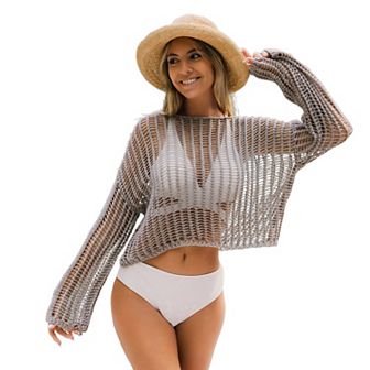 Women's Cupshe Oversized Sheer Crochet Knit Swim Cover-Up Top