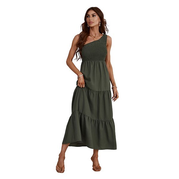 Women's CUPSHE One Shoulder Smocked Fitted Maxi Dress