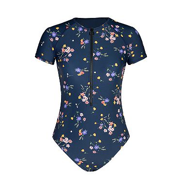 Women's Cupshe High Neck Zipper Short Sleeve Floral One-Piece Swimsuit