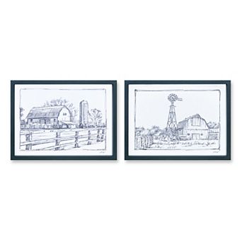 Melrose Framed Sketch Art Barn Print - Set of 2