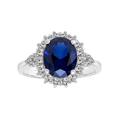 Love Always Sterling Silver Lab Created Blue White Sapphire Diamond Accent Halo Engagement Ring