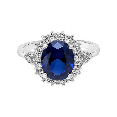 Love Always Sterling Silver Lab-Created Blue & White Sapphire Diamond Accent Halo Engagement Ring