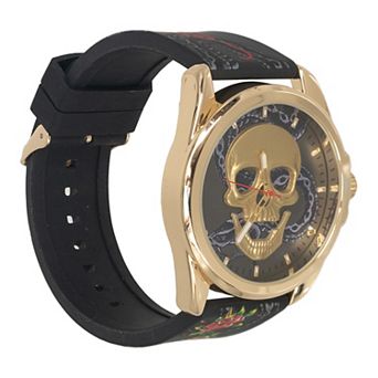 Ed Hardy Men's Gold-Tone and Multicolor Print Skull Watch