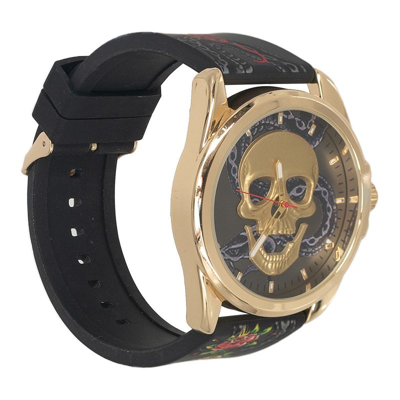 Ed Hardy Men's Gold-Tone and Multicolor Print Skull Watch, Size: Large, Gold Team Print