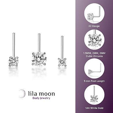 Lila Moon 14k White Gold L-Shaped Cubic Zirconia Nose Ring Trio Set