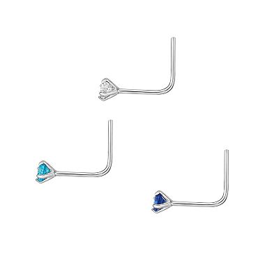 Lila Moon 14k White Gold 2 mm Tri-Color Cubic Zirconia L-Shaped Nose Ring Trio