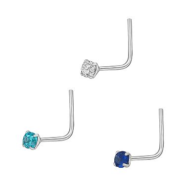 Lila Moon 14k White Gold 2 mm Tri-Color Cubic Zirconia L-Shaped Nose Ring Trio