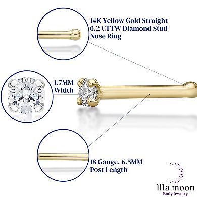 Lila Moon 14k Gold Diamond Accent 18 Gauge Straight Nose Ring Stud