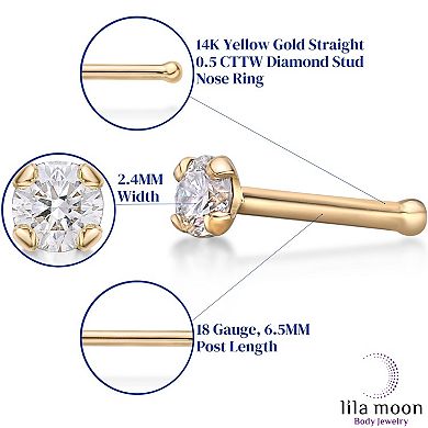 Lila Moon 14k Gold Diamond Accent 18 Gauge Straight Nose Ring Stud
