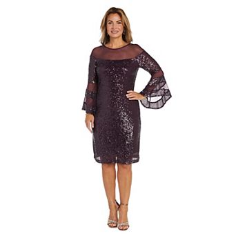 Women's R&M Richards Short Illusion Sequin Bell Sleeve Dress