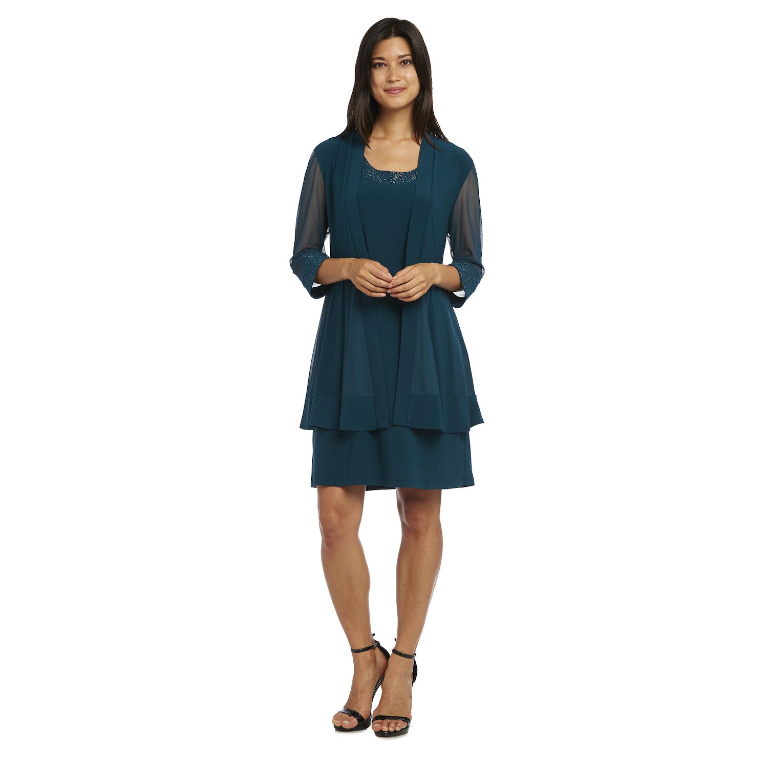 Женские платья R&M Richards Mesh Panel Jacket & Dress Set, цвет: Изумрудный — фото 1