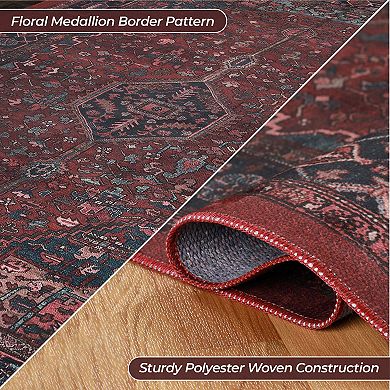 Superior Floral Pattern Bordered Washable Indoor Rug