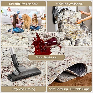 Superior Rustic Distressed Geometric Washable Indoor Rug