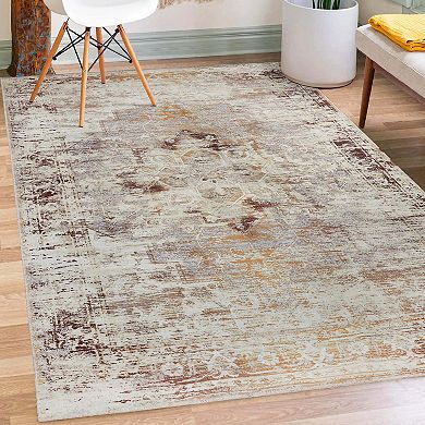 Superior Rustic Distressed Geometric Washable Indoor Rug