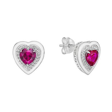 Gemminded Lab-Created Ruby & Lab-Created White Sapphire Heart Stud Earrings