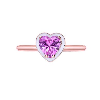 Gemminded 18k Rose Gold Over Silver Lab-Created Pink Sapphire with White Enamel Heart Ring