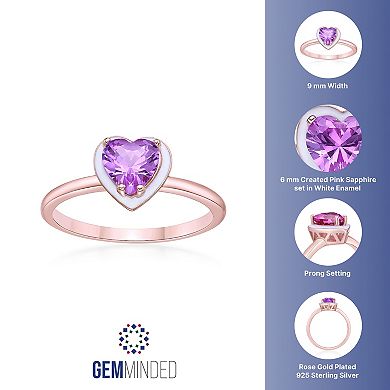 Gemminded 18k Rose Gold Over Silver Lab-Created Pink Sapphire with White Enamel Heart Ring