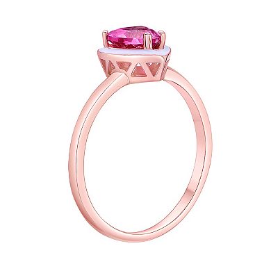 Gemminded 18k Rose Gold Over Silver Lab-Created Pink Sapphire with White Enamel Heart Ring