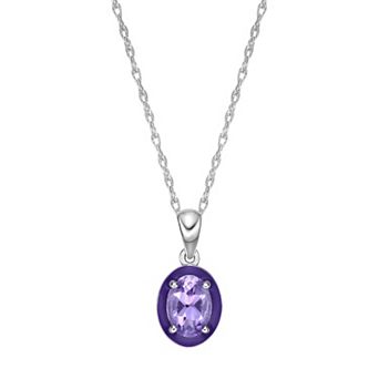 Gemminded Sterling Silver Amethyst with Purple Enamel Oval Pendant Necklace