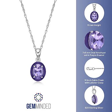 Gemminded Sterling Silver Amethyst with Purple Enamel Oval Pendant Necklace