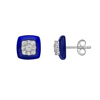 Gemminded Sterling Silver 1/8 Carat T.W. Diamond Blue Ceramic Stud Earrings