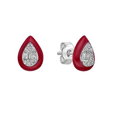 Gemminded Sterling Silver 1/6 Carat T.W. Diamond Red Ceramic Teardrop Stud Earrings