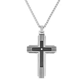 Men's LYNX Black Ion Plated-Stainless Steel Diamond Accent Cross Pendant Necklace