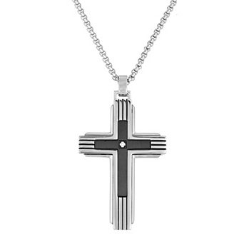 Men's LYNX Black Ion Plated-Stainless Steel Diamond Accent Cross Pendant Necklace
