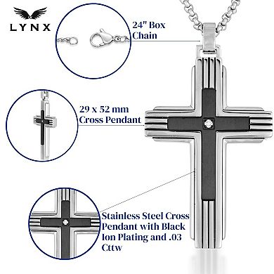 Men's LYNX Black Ion Plated-Stainless Steel Diamond Accent Cross Pendant Necklace