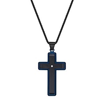 Men's LYNX Blue & Black Ion-Plated Stainless Steel Diamond Accent Cross Pendant Necklace