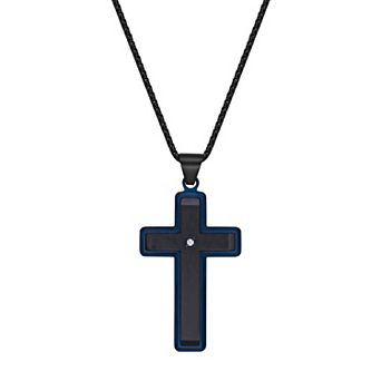 Men's LYNX Blue & Black Ion-Plated Stainless Steel Diamond Accent Cross Pendant Necklace
