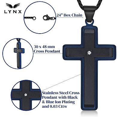Men's LYNX Blue & Black Ion-Plated Stainless Steel Diamond Accent Cross Pendant Necklace